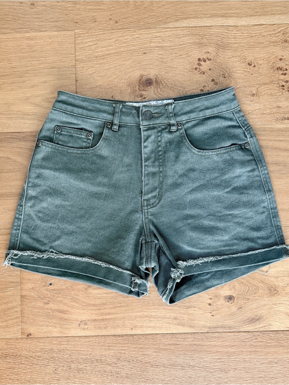 VTG 90s High Rise Denim Jean Shorts Territory Ahead Olive Green Raw Hem Size 4
